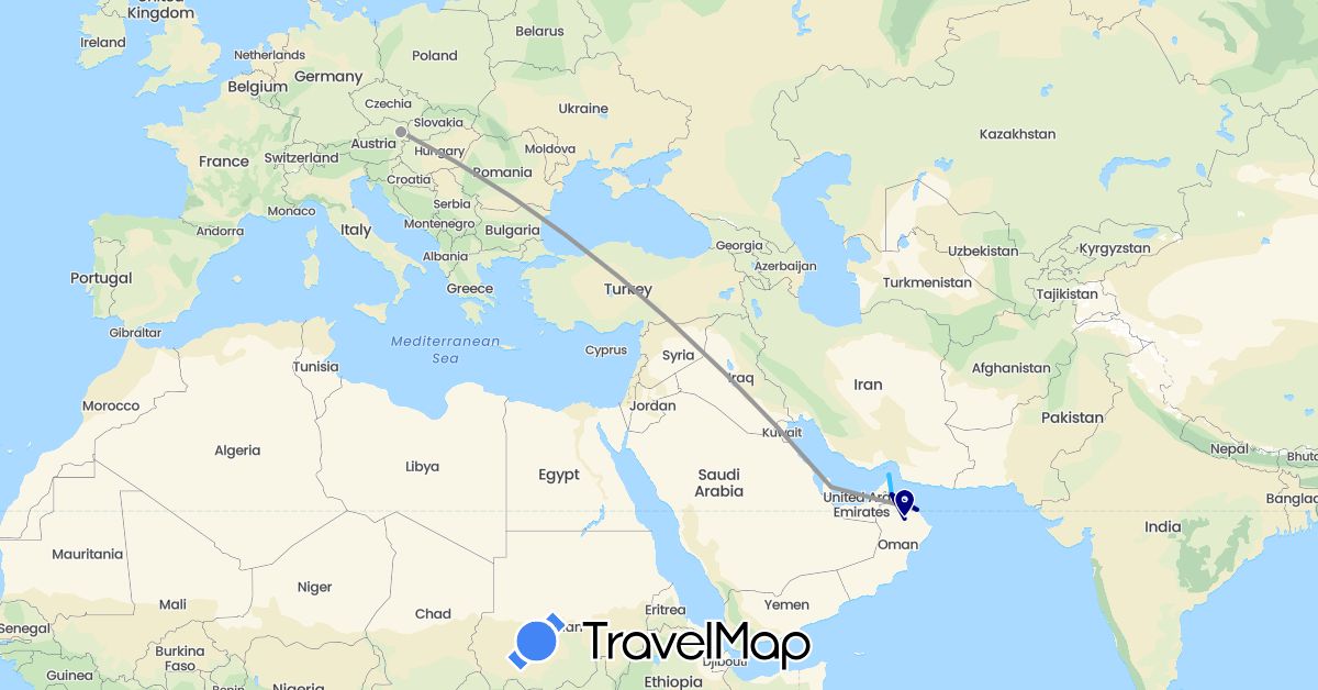 TravelMap itinerary: driving, plane, boat in Austria, Oman, Qatar (Asia, Europe)